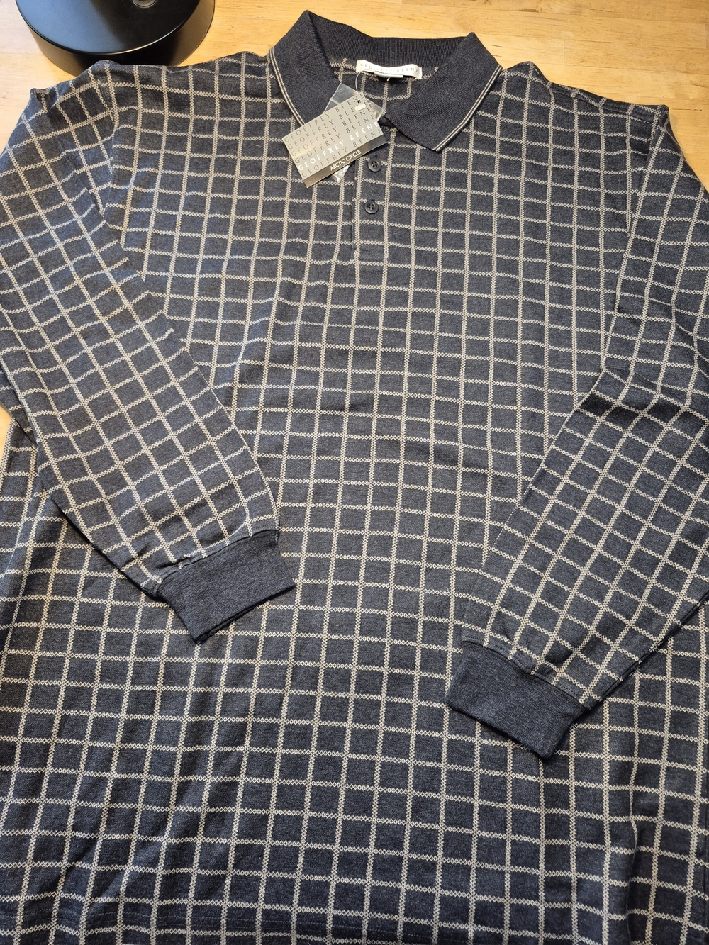 Geoffrey Beene Navy Grid-Pattern Long Sleeve Polo 3748